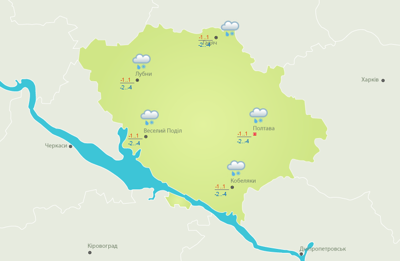 Погода на Полтавщині: потепління й сніг з дощем